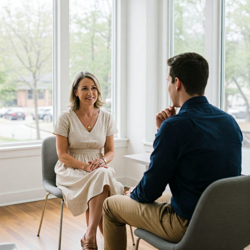 Mujer en una sesión con su Coach trabajando en sus emociones y en su vida cotidiana. Educación Emocional: Autodesarrollo, Relaciones, Trabajo y Pareja