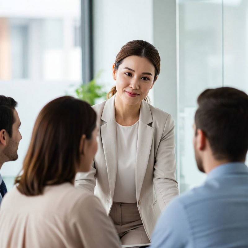 Un lider de grupo comunicándose de forma asertiva con su equipo.