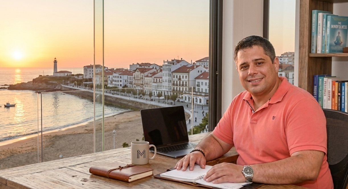 Guillermo, life coach de Motivatecan, trabajando en su despacho con vistas al mar en Cantabria, representando cercanía y profesionalidad en sesiones de desarrollo personal.