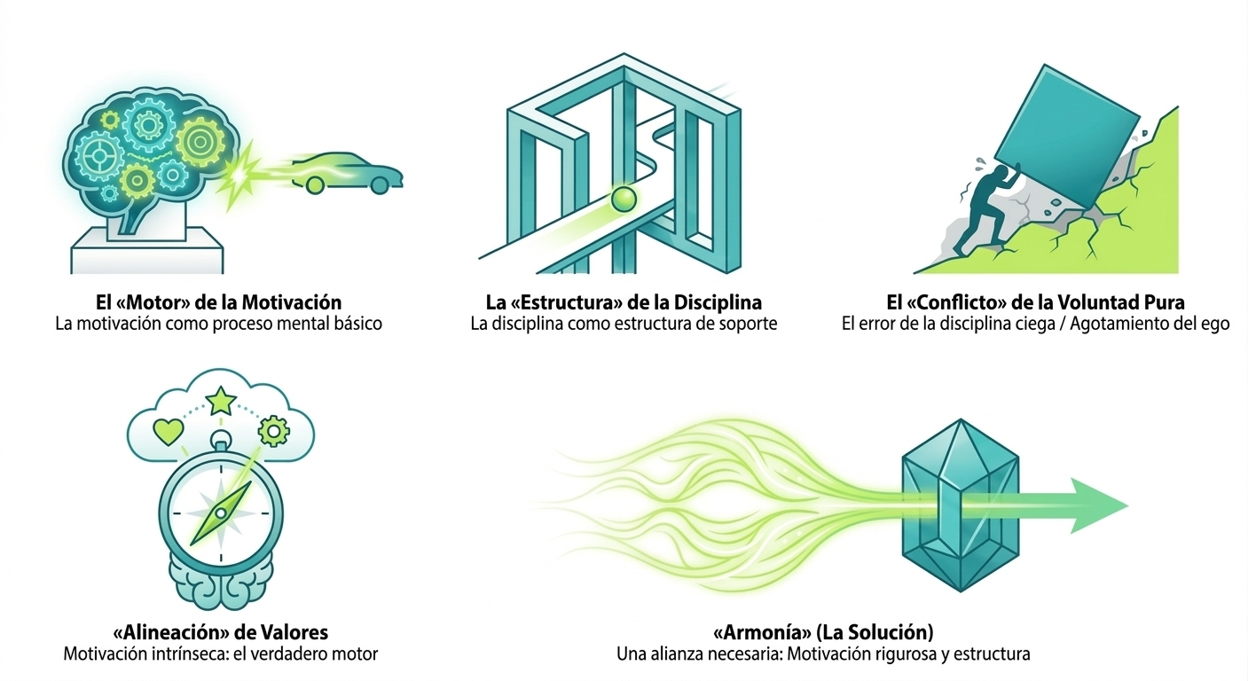 Infografía sobre la psicología de la motivación como proceso mental básico y la disciplina como estructura de soporte por Motívatecan Cantabria.